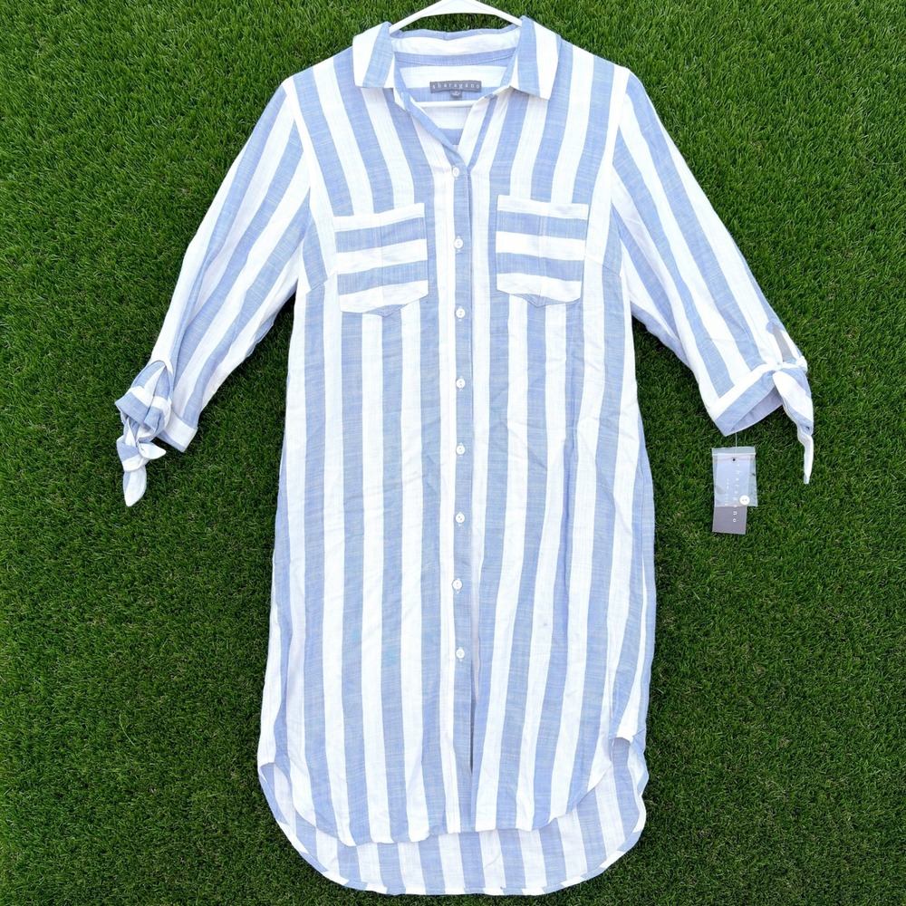 NEW Sharagano Womens Blue White Striped Shirt Dress Roll Tab Sleeve Size 10 NWT